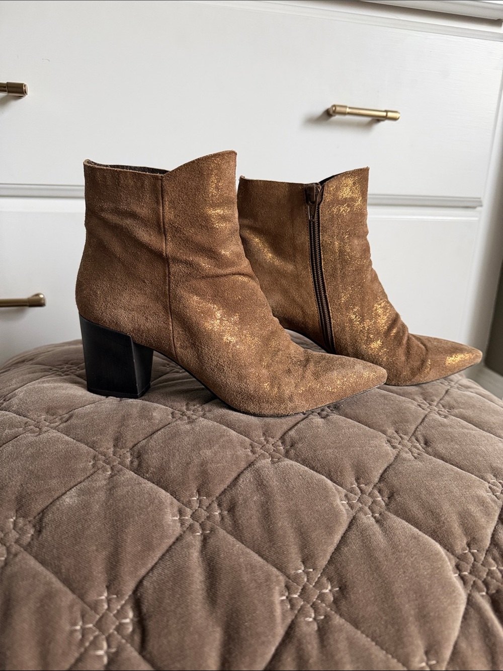 Coclico Bronzed Tan Suede Pointed Toe Ankle Boots with Block Heel